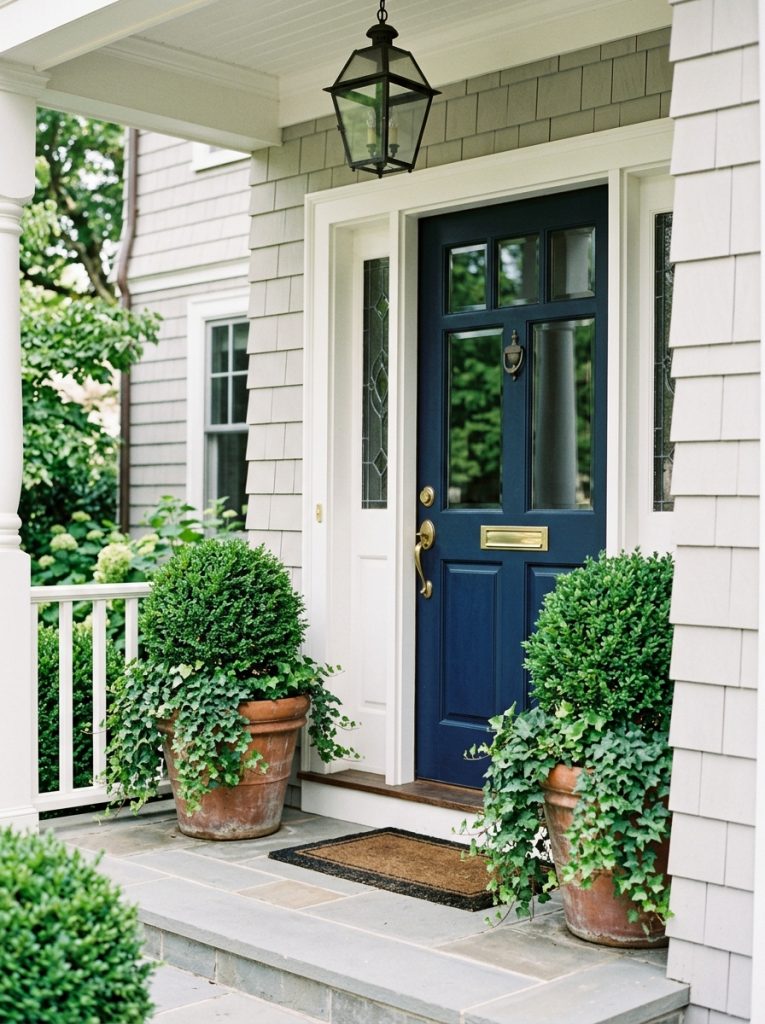 Large pots of evergreen boxwood topiaries and trailing ivy on classic low maintenance front porch
