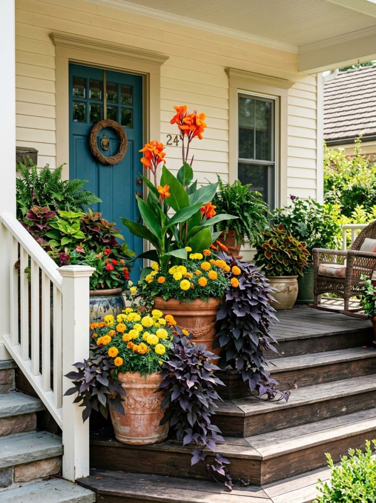 Large front porch pots with tropical canna lilies sweet potato vine and marigolds