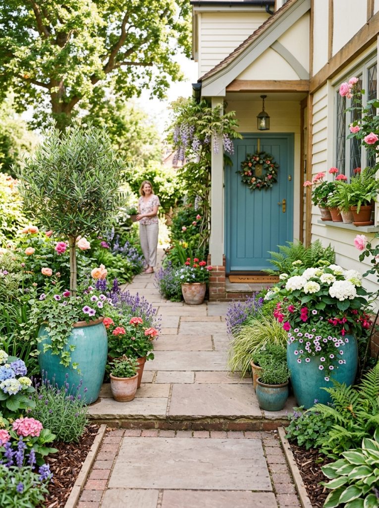  Creative front walkway entryway with large statement pots at transition points and lush planting in borders alongside path