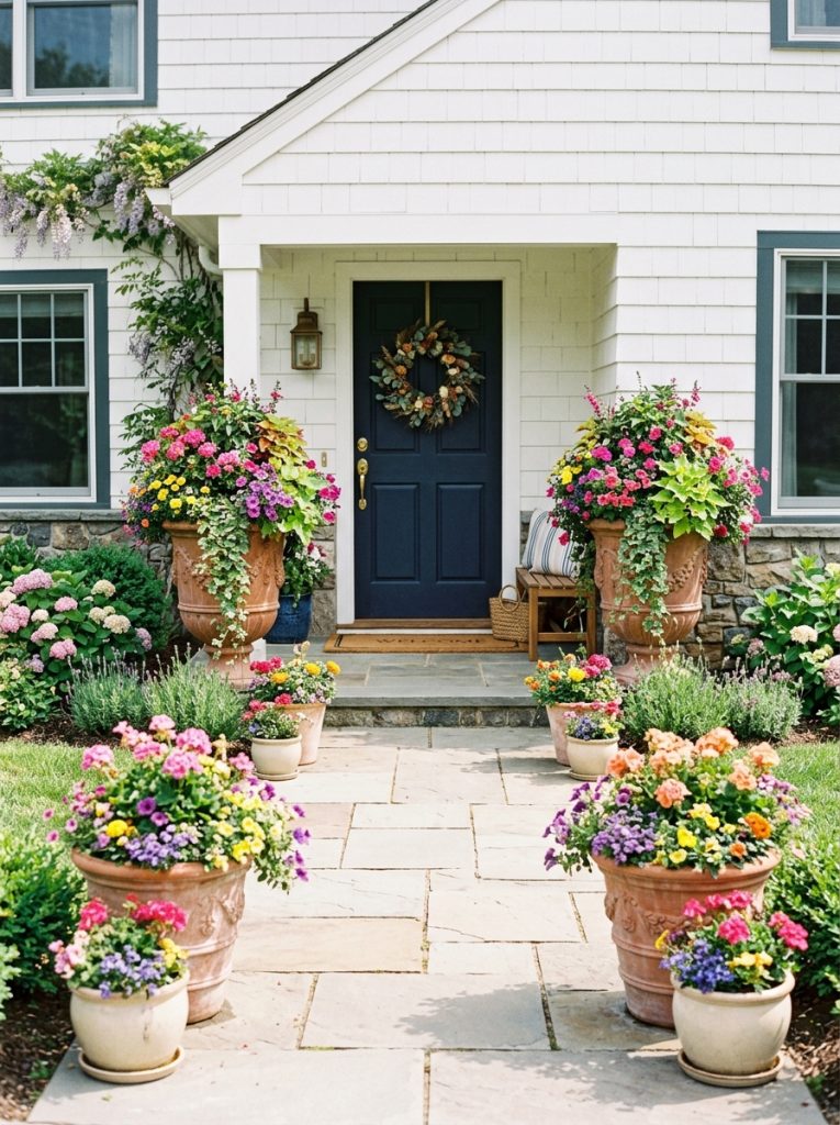 Beautiful front walkway entryway with matching large flower pots on both sides of path and flanking door with colorful flowers