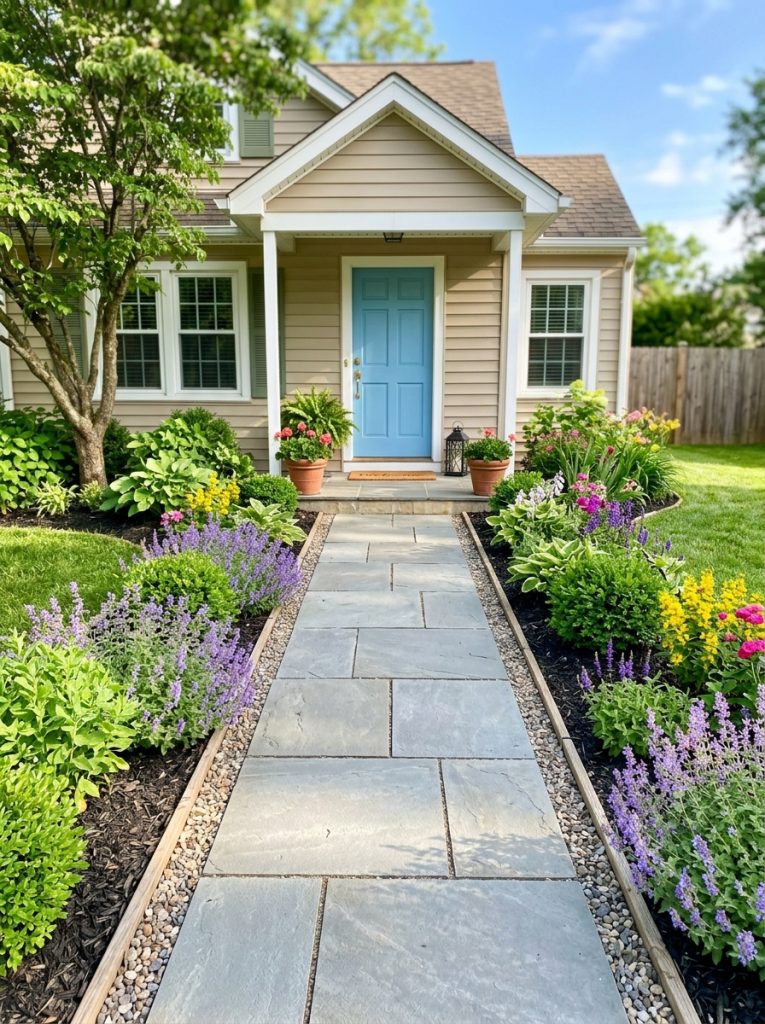  Beautifully simple front walkway landscaping with clean path and simple tidy planted borders in sunny front yard 