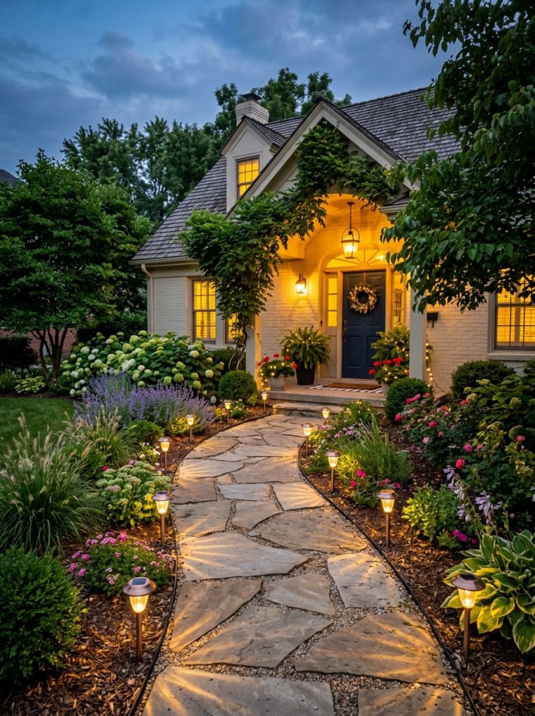 Beautiful front walkway landscaping with solar stake lights glowing warmly on both sides creating illuminated path at dusk