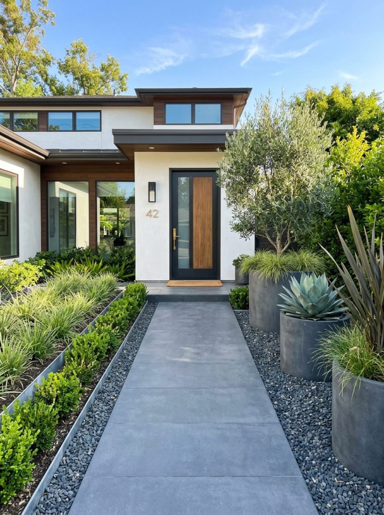 Sleek modern front walkway landscaping with straight pathway architectural plants in large pots and minimal planting in contemporary setting 