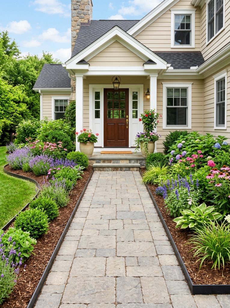Beautifully edged front walkway landscaping with clean defined border separating path from planted beds in sunny front yard