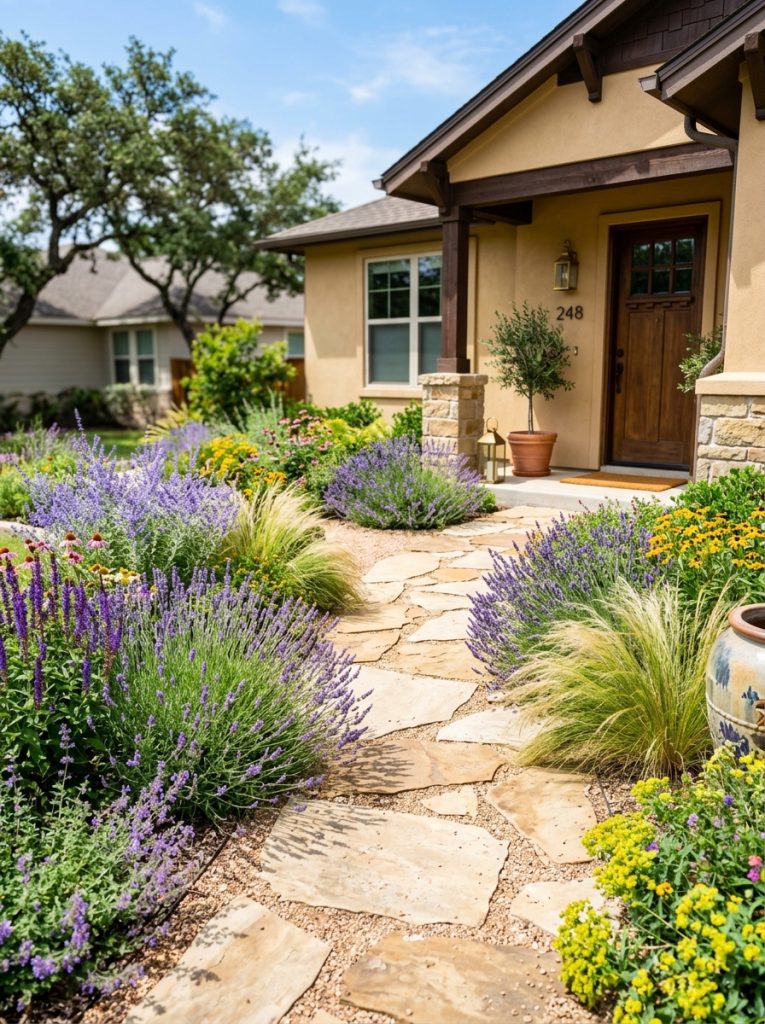  Beautiful full sun front walkway landscaping with lavender ornamental grasses and flowering perennials lining sunny path