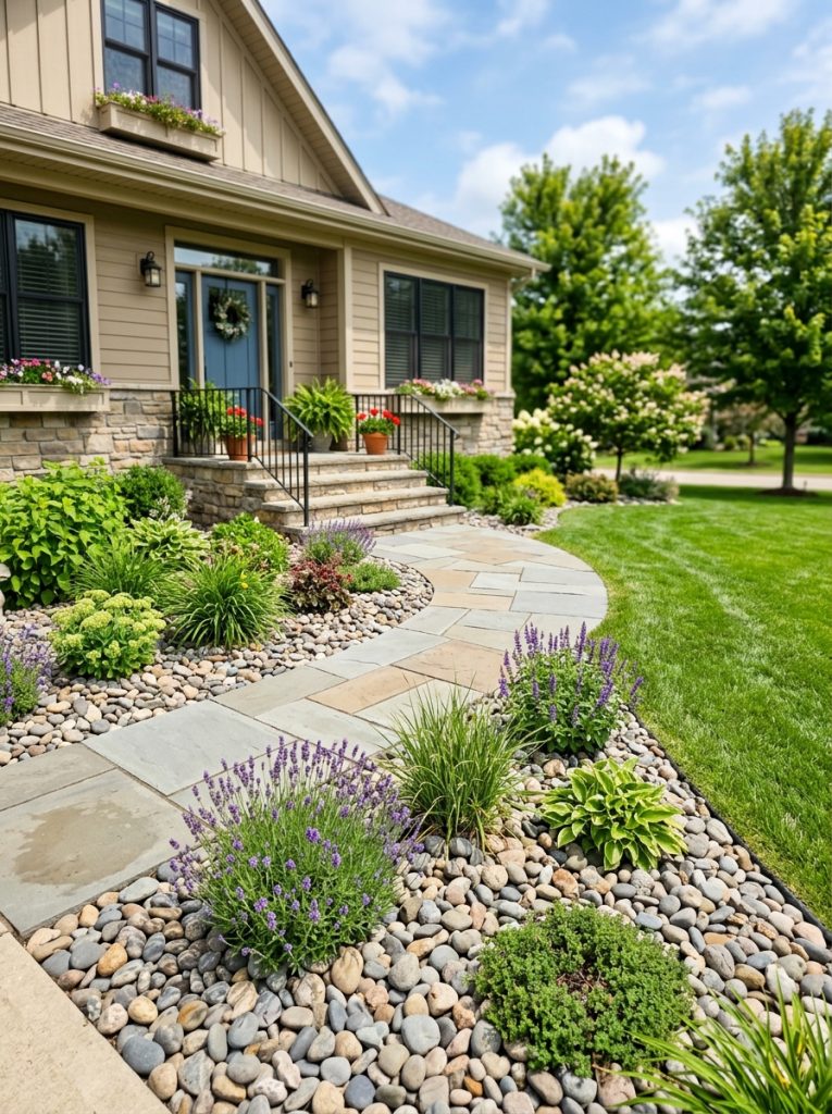 Beautiful rock-featured front walkway landscaping with smooth rocks as border ground cover and plants in sunny front yard