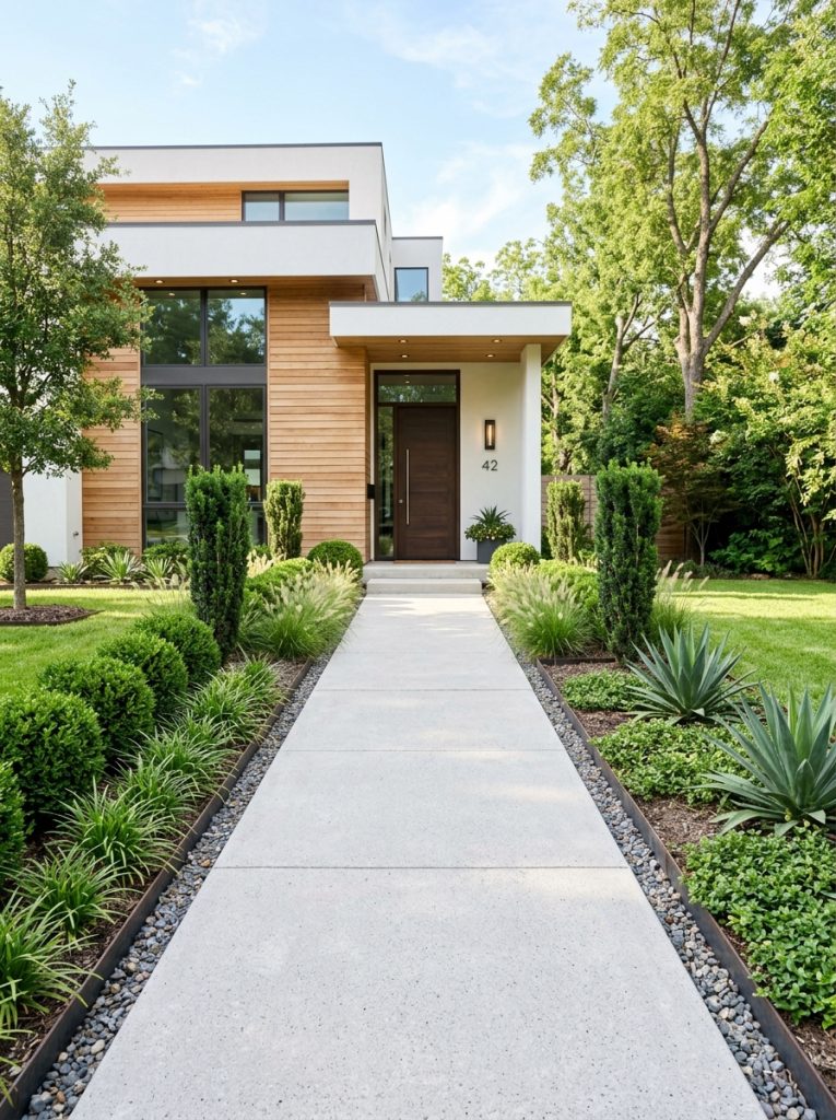 Clean straight modern front walkway landscaping with straight concrete path and structured architectural planting in contemporary sunny setting 