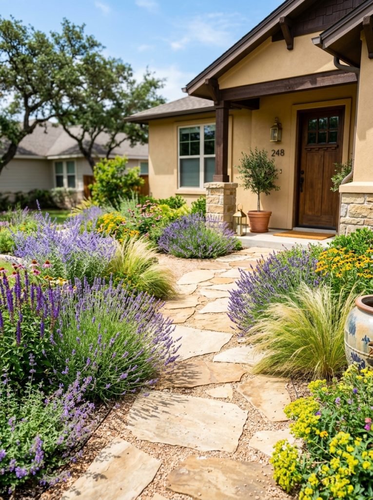 Beautiful full sun front walkway landscaping with lavender ornamental grasses and flowering perennials lining sunny path
