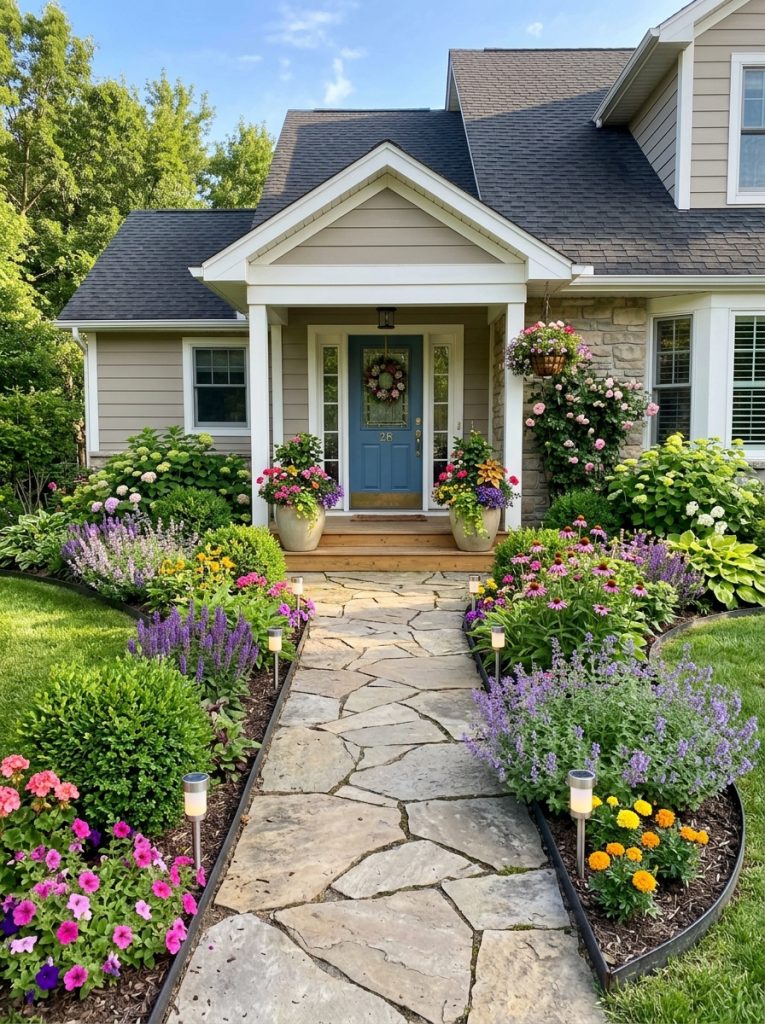 Complete beautifully designed front walkway landscaping with defined path solar lights planted borders flower pots and clean edging