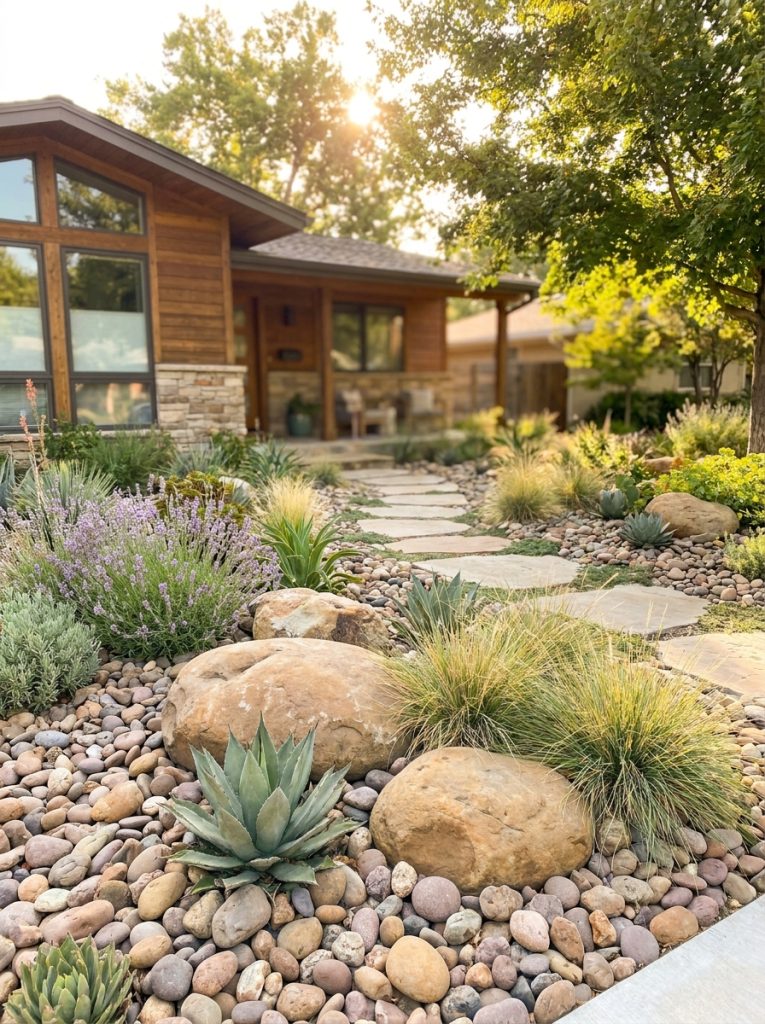 Beautiful front yard landscaping with large smooth river rocks as ground cover among drought-tolerant plants and ornamental grasses