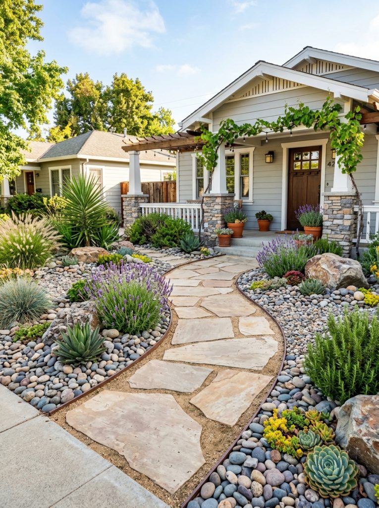 Stunning front yard curb appeal transformation with complete rock landscaping smooth stones drought-tolerant plants and defined pathways