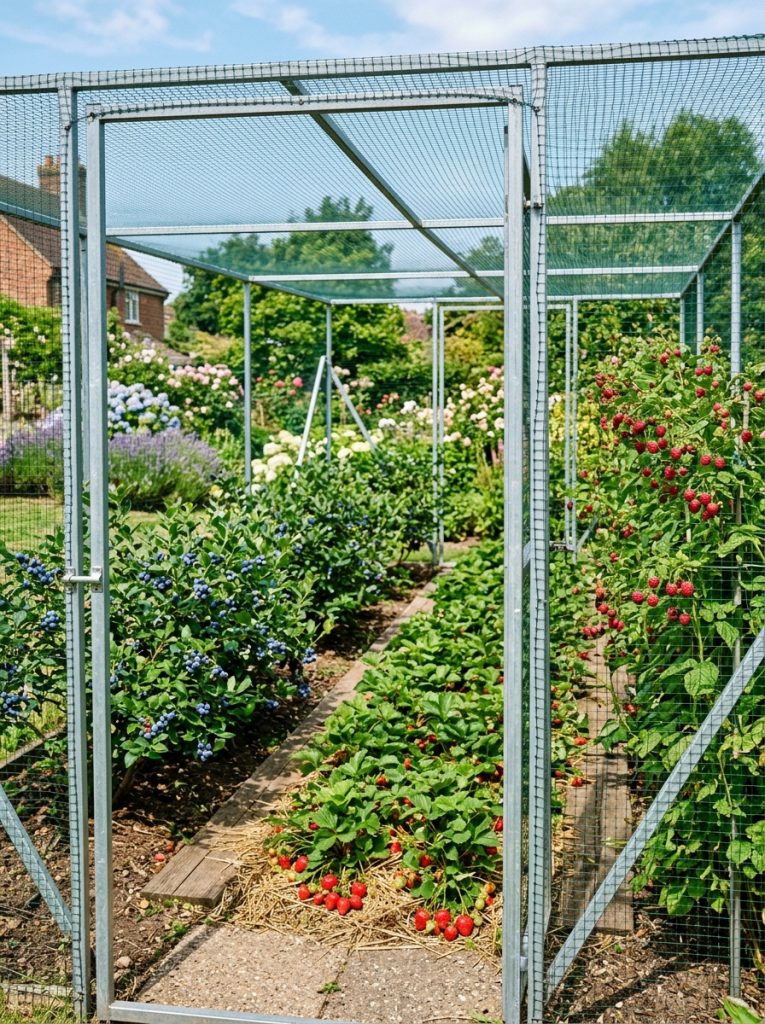 Large professional fruit cage enclosure with metal posts and netting over strawberry and berry bushes
