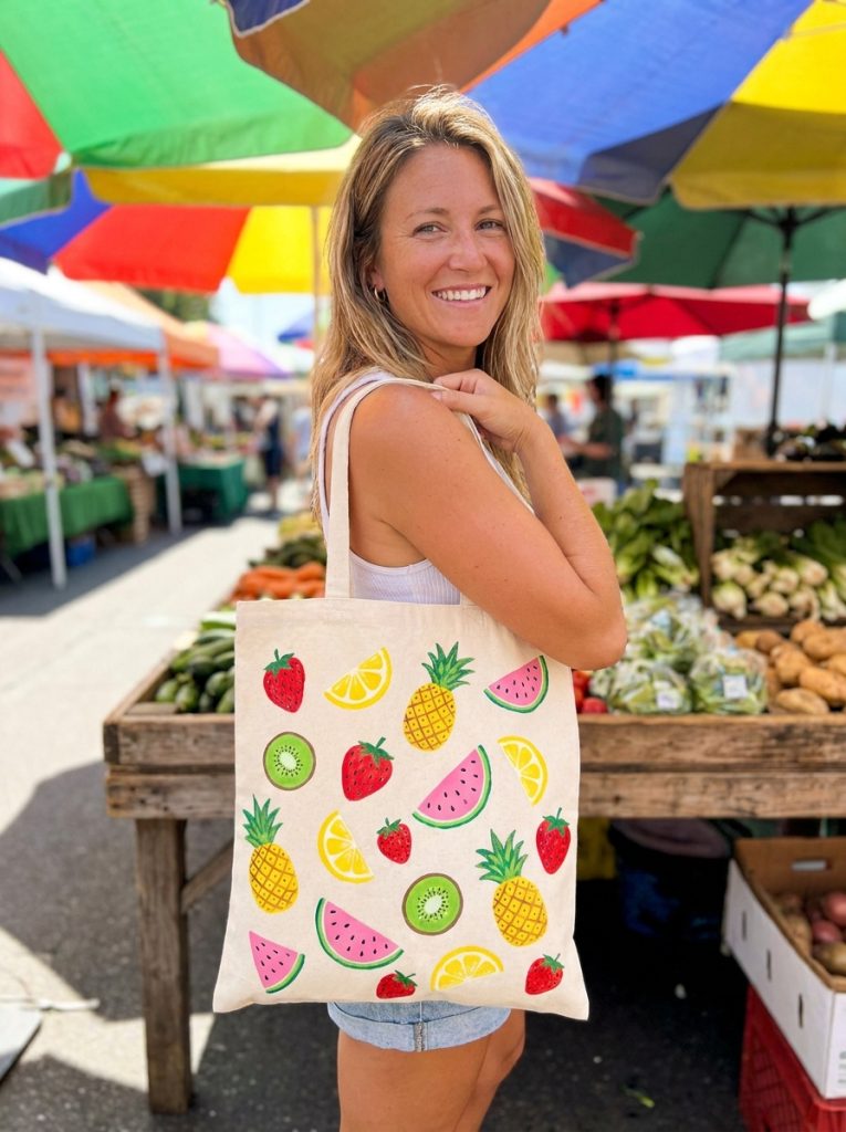 Cheerful fruit painted tote bag with strawberries lemons watermelon slices and tropical fruits in vibrant summer colors