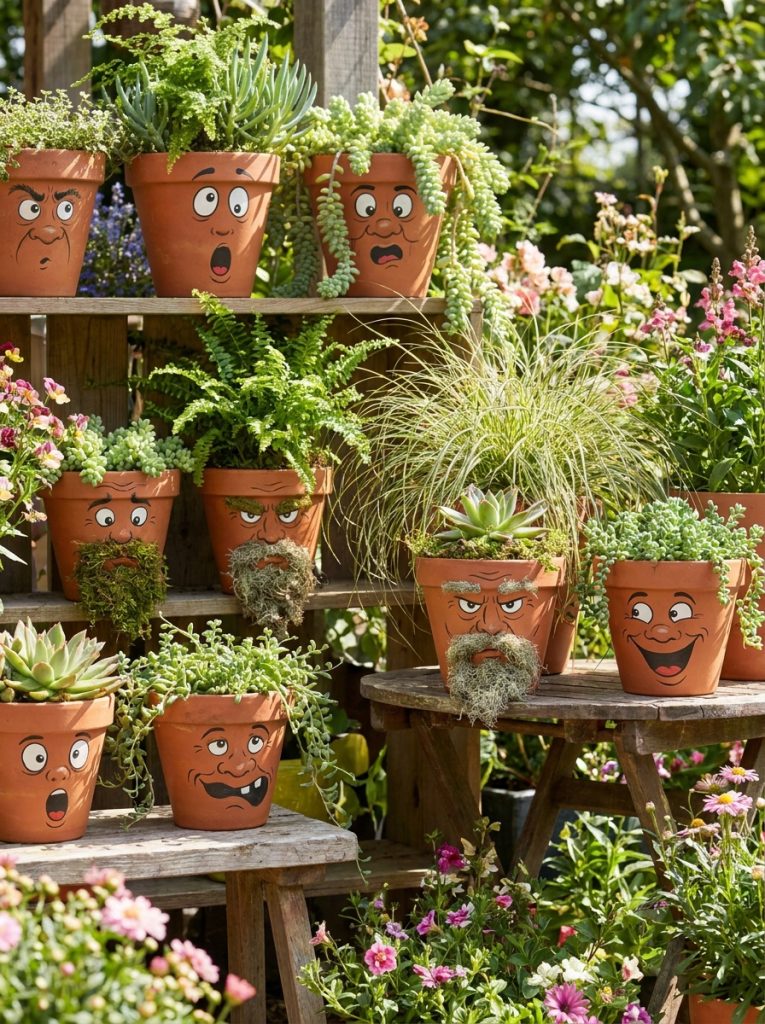 Funny character flower pot faces DIY with surprised grumpy and comically happy exaggerated faces with wild flowing plants as hair