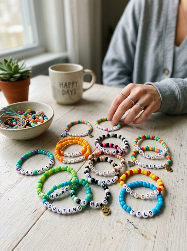 Funny homemade word bracelet ideas with humorous phrases funny words and witty messages in letter beads in bright colors