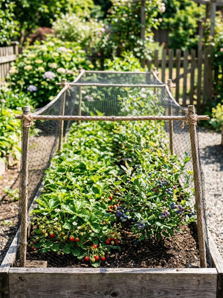 Fine black bird netting stretched over wooden frame protecting strawberries and blueberries from birds