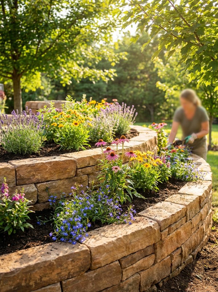 Beautiful retaining wall garden bed with natural stone edging filled with colorful flowering plants in sunny yard