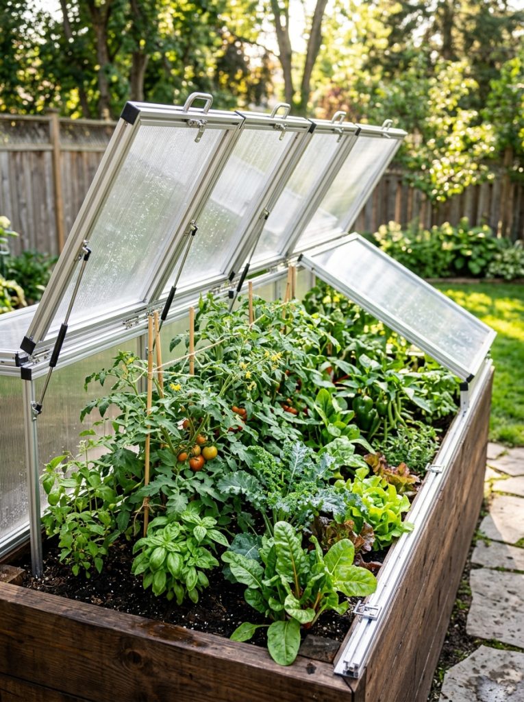 Large raised garden bed with modular clear panel cover system and vegetables growing inside