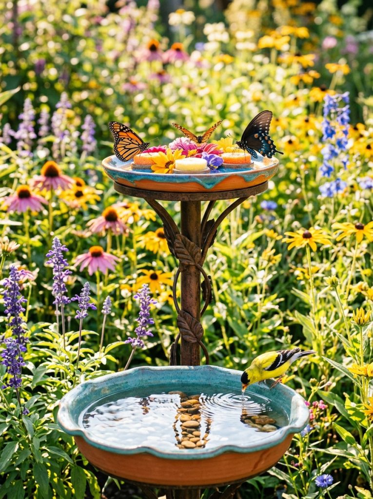 Bird bath and butterfly feeder combo on pedestal with colorful butterflies and bird in wildflower garden
