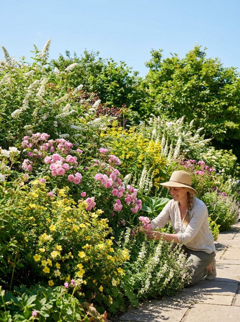 Beautifully planted full sun garden border with multiple flowering shrubs in pink yellow and white in vibrant summer