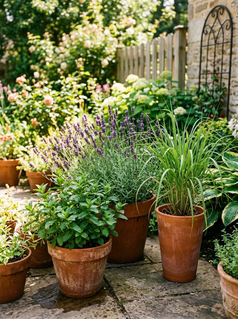Peppermint lavender and lemongrass plants in pots along patio edge to repel wasps