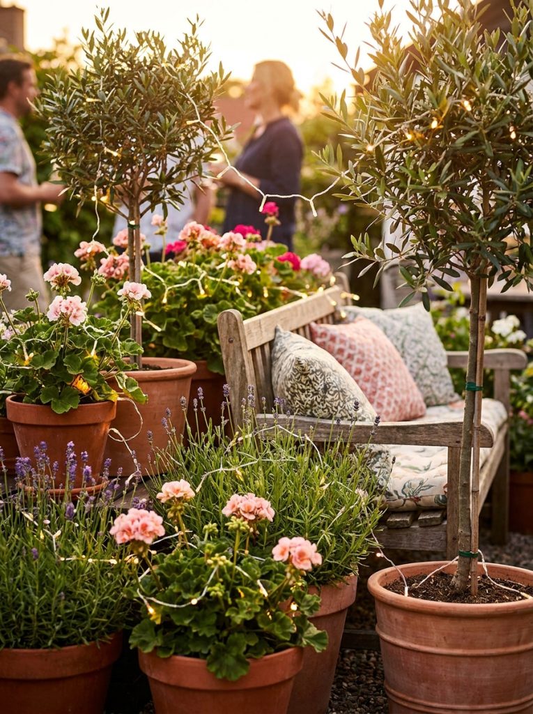 Beautiful cute outdoor garden display with fairy lights wound through potted plants and trees on summer patio