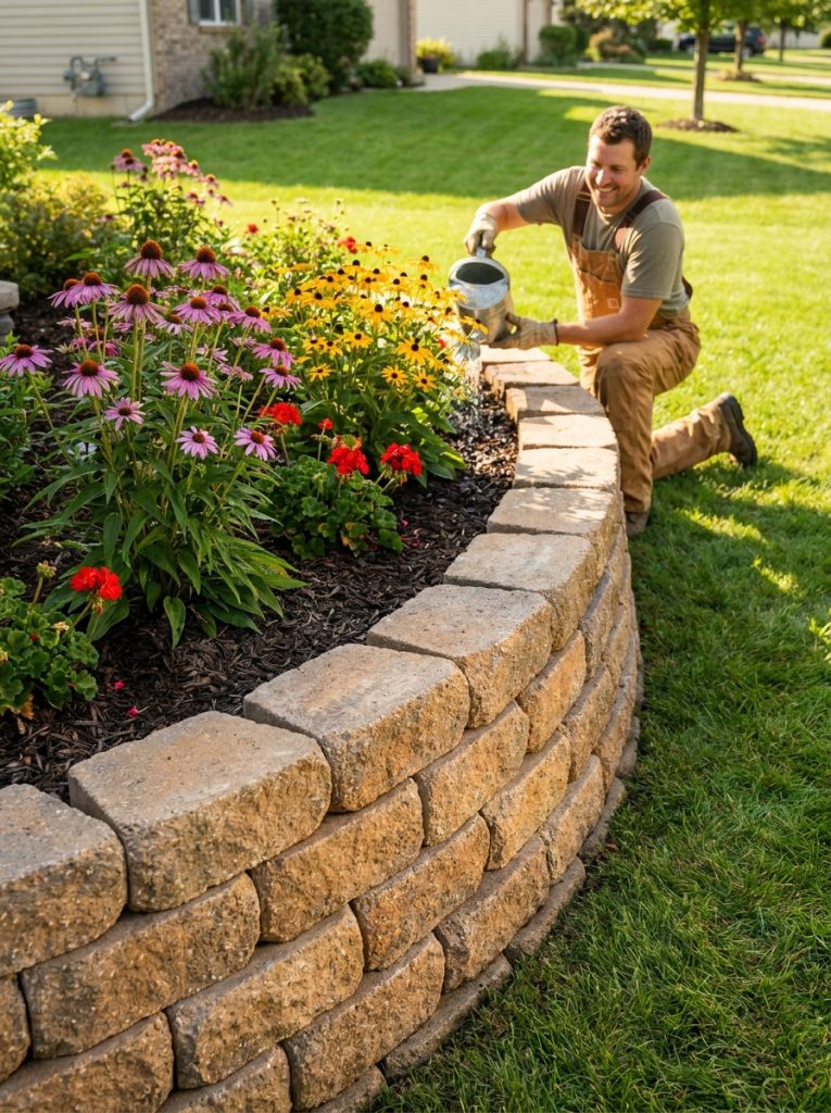 Neat landscape edging stones forming low retaining wall along defined garden bed with colorful plants in sunny yard