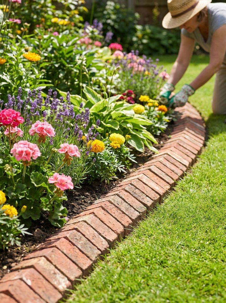 Beautiful garden with classic red brick landscape edging in diagonal pattern along curved bed with colorful flowers