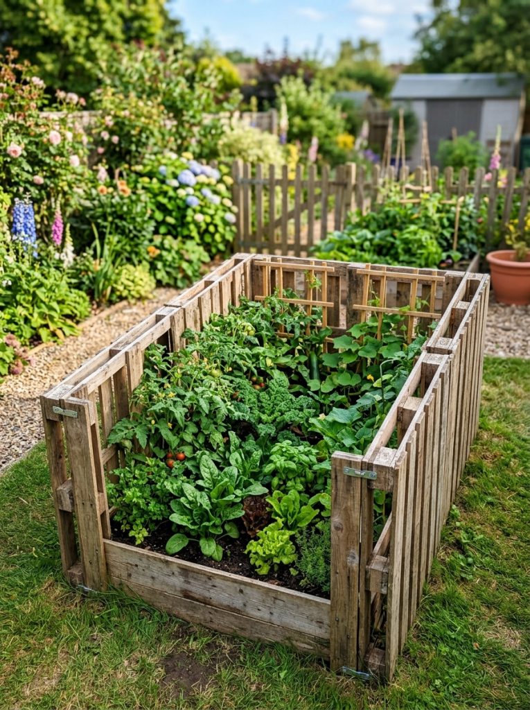 DIY garden enclosure built from reclaimed wooden pallets around lush vegetable garden