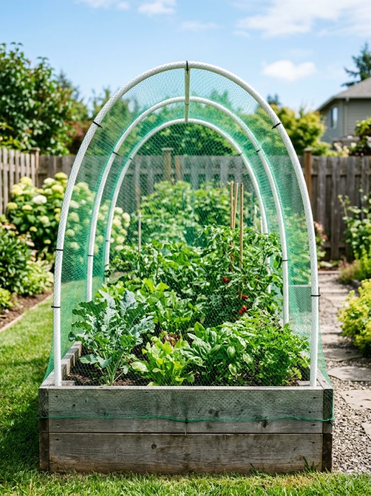 Simple cheap DIY PVC hoop and green bird netting enclosure over raised vegetable garden bed