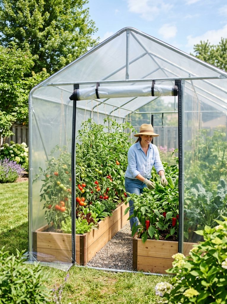 Large walk-in metal frame garden enclosure with multiple raised beds and vegetables inside