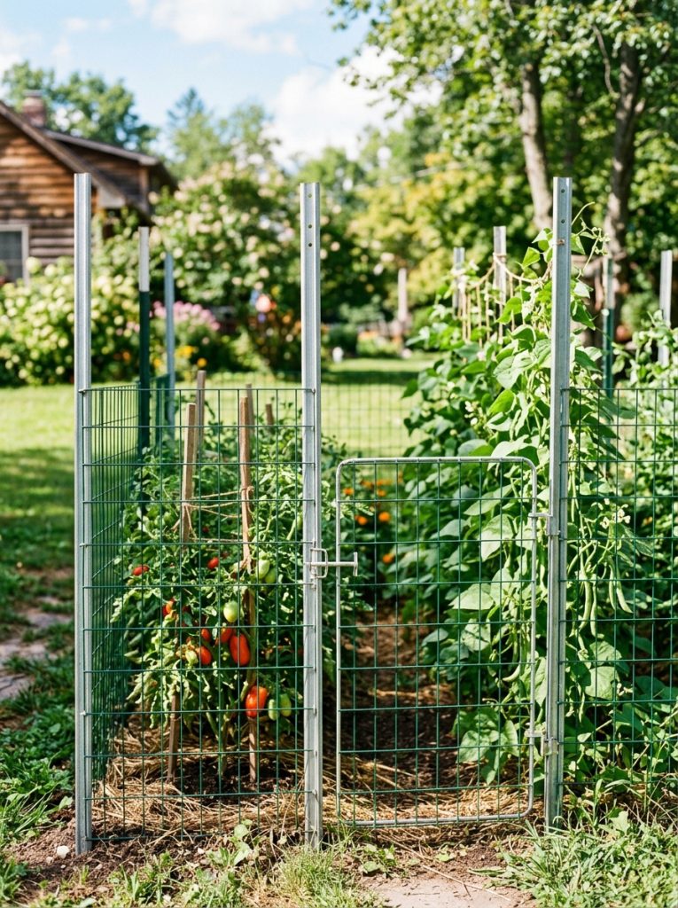 Simple cheap wire mesh fence posts enclosure around productive vegetable garden with tomatoes