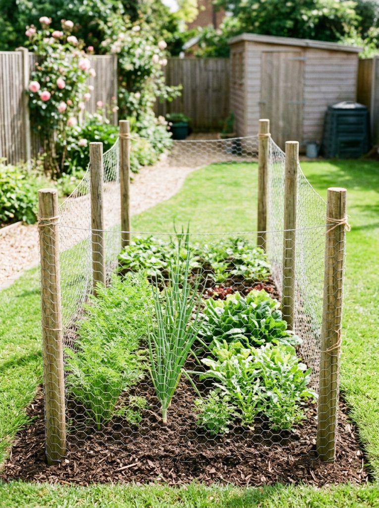 Simple DIY wooden stakes and chicken wire fence enclosure around vegetable garden with carrots