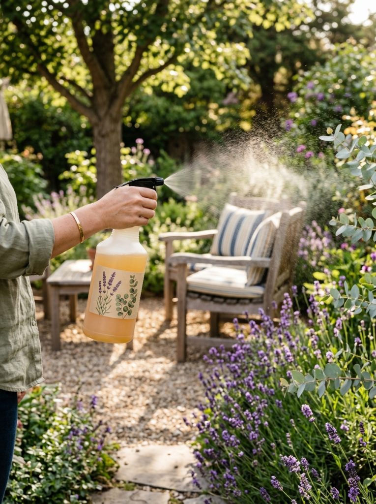 Garden spray bottle of lavender eucalyptus repellent being sprayed around outdoor yard seating