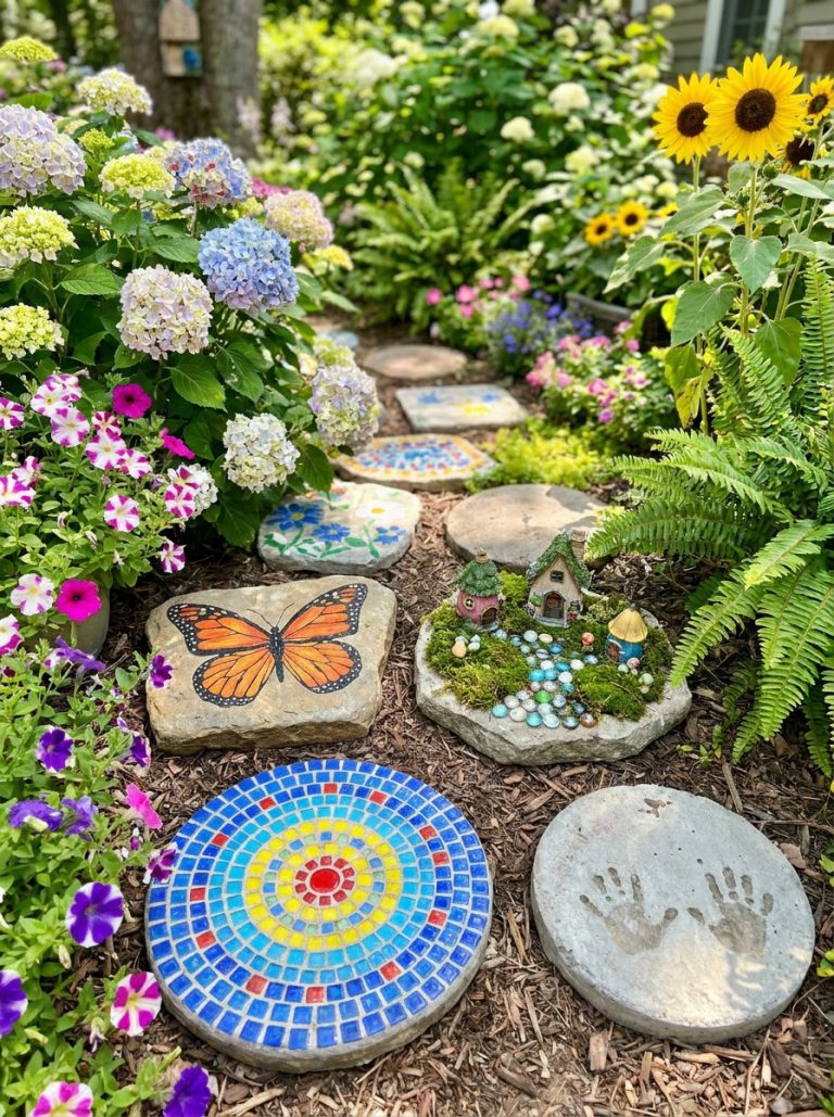 Beautiful garden stepping stones DIY display with mosaic painted butterfly fairy and kids handprint stones along garden pathway with flowers