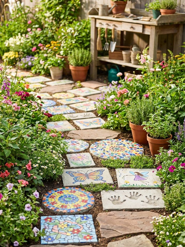 Complete garden stepping stones DIY display with mosaic painted butterfly fairy kids handprint and walkway stones throughout planted garden