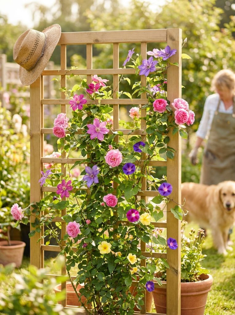 Beautiful cheap garden trellis with climbing plants and colorful flowers growing through lattice panel in sunny garden