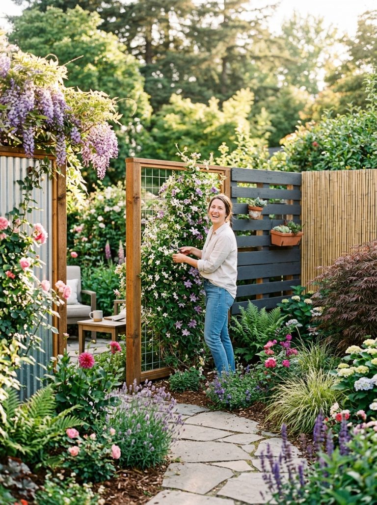 Beautiful garden with multiple fence ideas including corrugated metal hog wire pallet wood and bamboo roll sections
