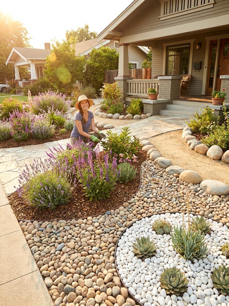 Beautifully landscaped garden with river rocks as bed mulch curved pathway edging and decorative white rock garden bed