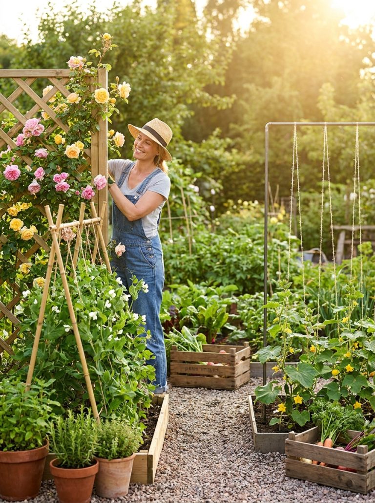 Beautiful garden with wooden lattice trellis covered in roses bamboo pea trellis and wire cucumber trellis in sunny garden