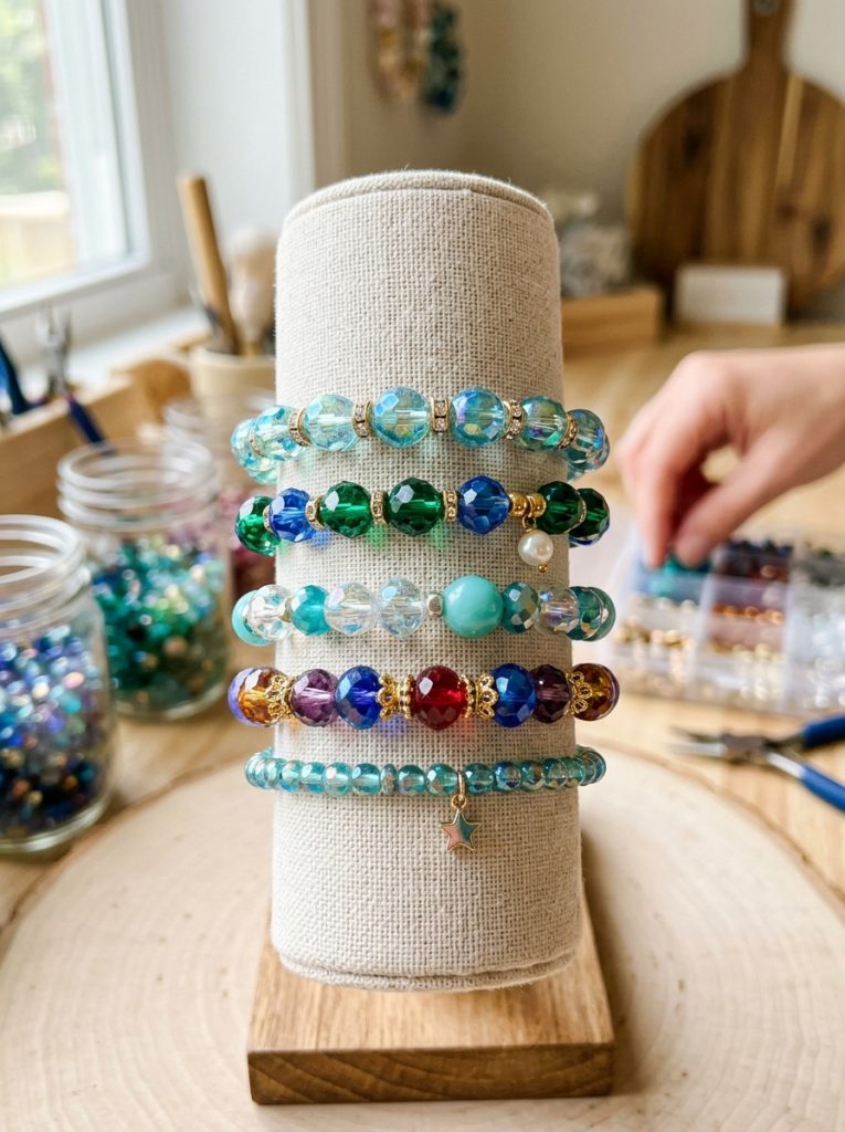 Beautiful glass bead bracelet ideas with elegant iridescent blue green and jewel toned glass beads creating sophisticated jewelry