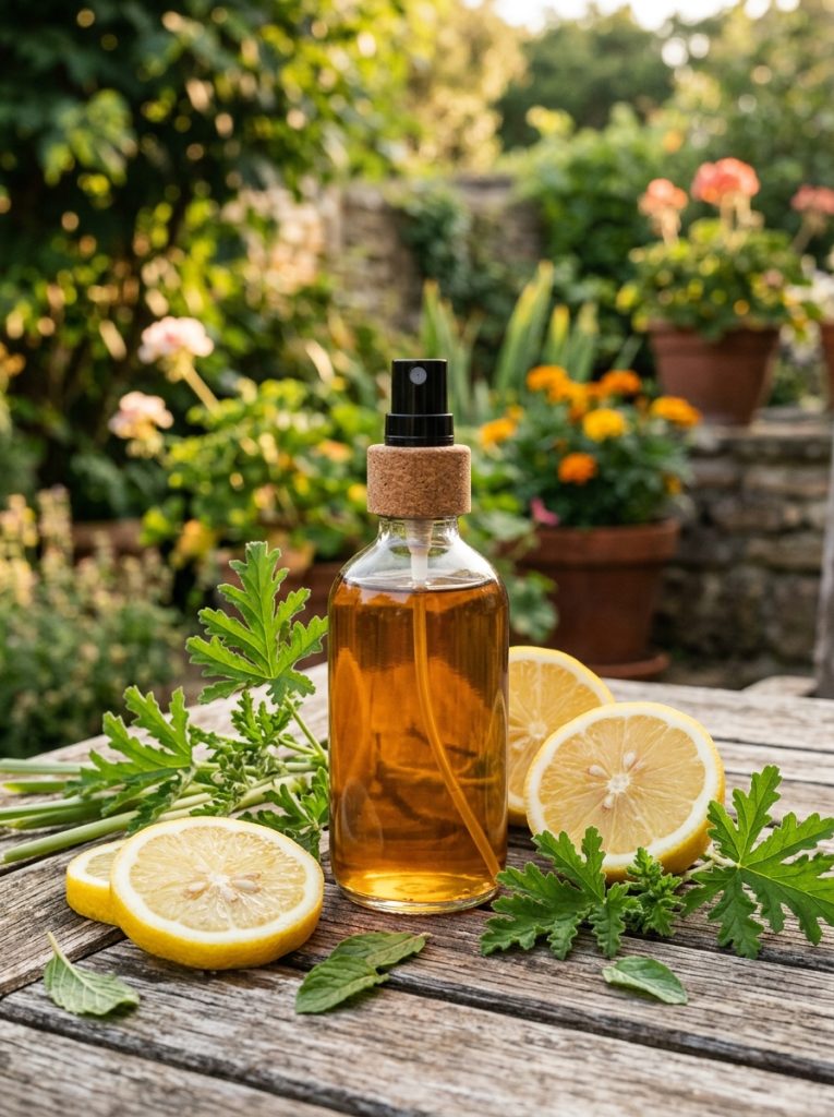 Glass spray bottle of citronella essential oil mosquito repellent on outdoor patio table