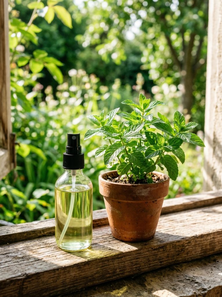 Glass spray bottle of peppermint mosquito repellent beside fresh peppermint plant on windowsill