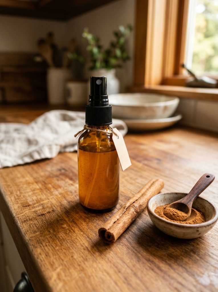  Glass spray bottle of cinnamon mosquito repellent beside cinnamon sticks and powder on counter