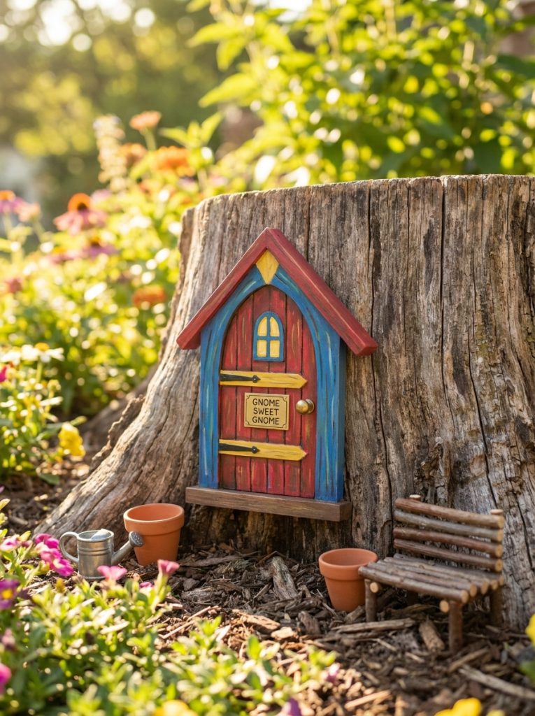 Charming gnome door attached to tree stump side with tiny accessories and whimsical details in sunny front yard