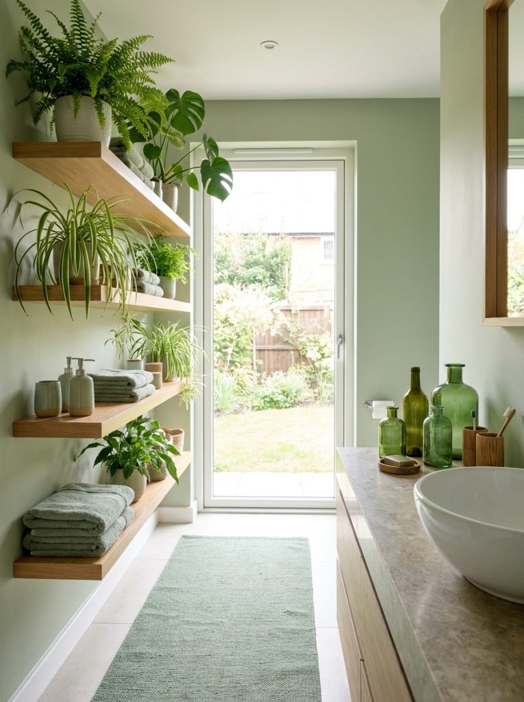 Beautiful green bathroom decor with lush plants sage green accessories and towels creating natural biophilic atmosphere