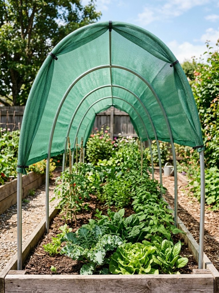 Green shade cloth over metal hoops creating tunnel shade for vegetable garden