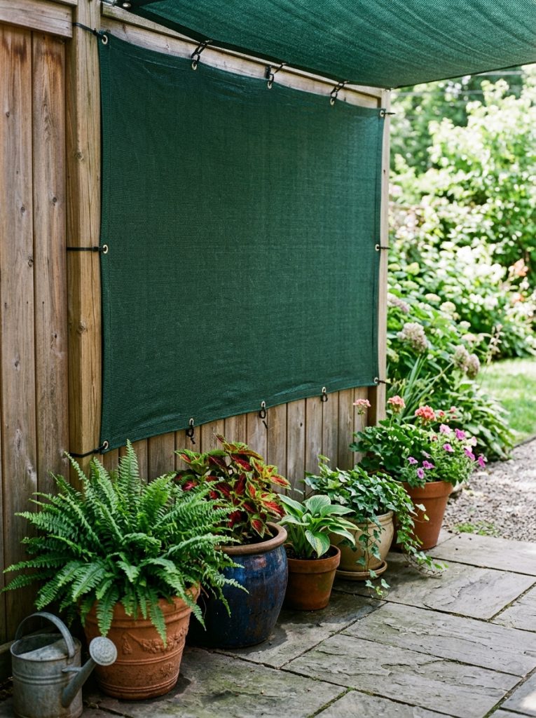 Green shade screen panel attached to wooden fence creating cool patio zone