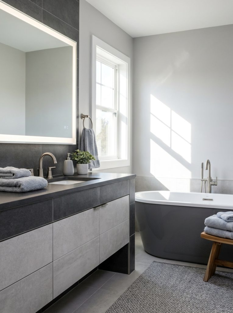 Beautiful grey bathroom decor with cool grey accessories towels and chrome fixtures creating sophisticated modern bathroom