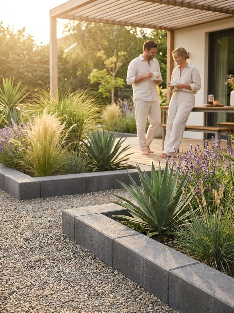 Sophisticated grey brick landscape edging with smooth concrete bricks in minimal modern garden with architectural plants